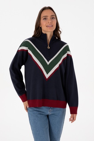 U.S. Polo Assn. Kadın Lacivert V Yaka Fermuarlı Kazak 50309614-VR033