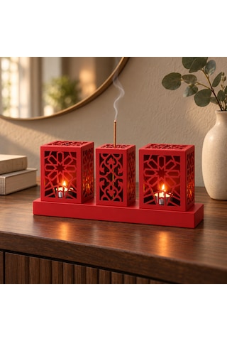 Lazer Kesim Metal Tealight Mumluk Ve Tütsülük Seti Geometrik Selçuklu Yıldızı Motifli Modern Ev Dekoru Benzersiz Masa Süsü Ve Hediye Kırmızı