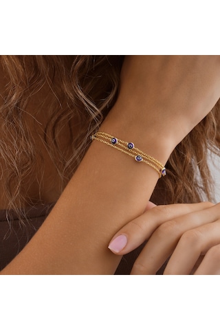 925 Ayar Gümüş Lacivert Göz Nazar Bocuklu 3 Zincirli Bileklik Altın