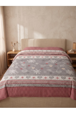 Maki Home Yastık Kılıfsız Çift Kişilik 200x220 Cm Pamuklu Tek Nevresim Gri Kalpli Ve Kar Tanesi Desenli