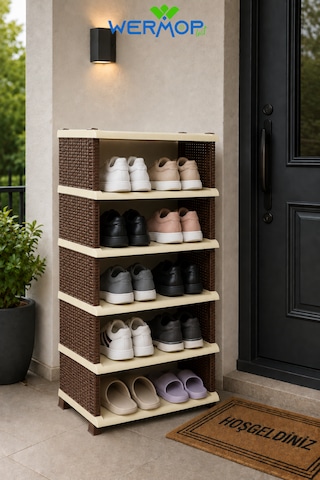 5 Katlı Rattan Görünümlü Ayakkabılık Ayakkabı Rafı Organizer Bej - Kahverengi