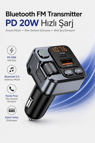 Bluetooth 5.3 Fm Transmitter Araç Çakmaklık Şarj Cihazı Pd 20w Type-c Usb Hızlı Şarj Aux Eller Serbest Konuşma Dijital Voltaj Göstergeli