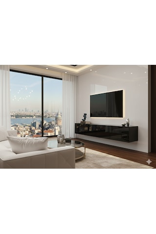Mac Dizayn Adresan Tv Ünitesi 200 Cm Parlak Siyah Highgloss Modern Tv Sehpası Parlak Siyah