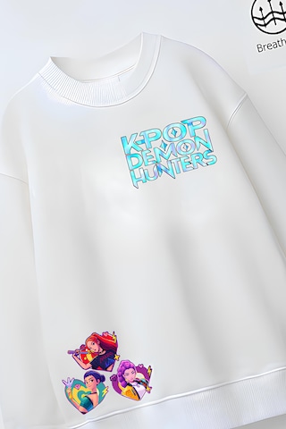 Tam Kalıp Oversize Kız Çocuk Pamuğa Pamuk 3 İplik Kumaş Pop 2 Tasarım Sweatshirt Beyaz