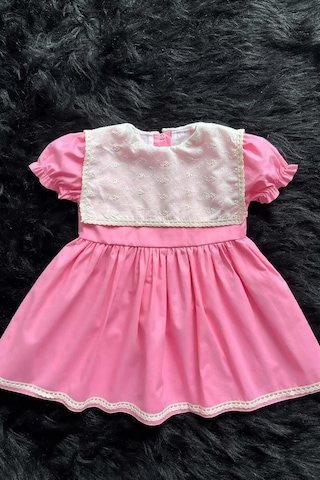 Krem Fisto Yaka Ve Dantel Detaylı Kız Çocuk Bebek Pembe Elbise 001
