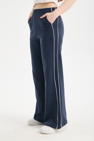 Gugus Kadın Trend Bol Paça Modal Kumaş Eşofman Altı Çift Cepli Wide Leg Yanları Beyaz Şeritli Lacivert-2
