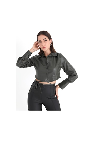 İçi Kadife Bağcıklı Kadın Kısa Deri Gömlek - Haki-haki Haki