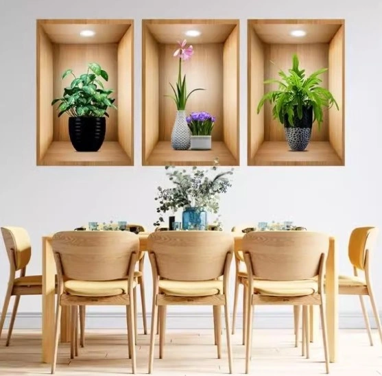 3d Çiçek Vazo Duvar Sticker 3 Lü Set Kahverengi Fon 4741 Akçaağaç