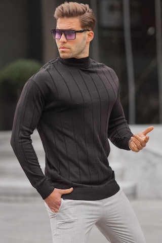 Madmext Siyah Slim Fit Yarım Balıkçı Yaka Çizgili Tüylenmeyen Erkek Triko Kazak 6344 Siyah