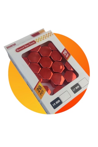 17mm Düz Parlak Kırmızı Bijon Kapağı 20li Set+ Çıkarma Aparatı