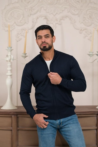 Woolen World Regular Fit Dik Yaka İnce Baharlık Triko Hırka Lacivert