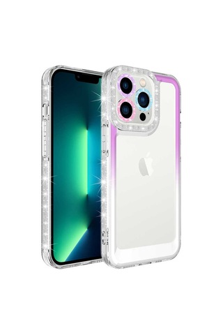 Apple iPhone 14 Pro Max Uyumlu Simli Ve Renk Geçiş Tasarımlı L Korumalı Mor-beyaz Mor-beyaz