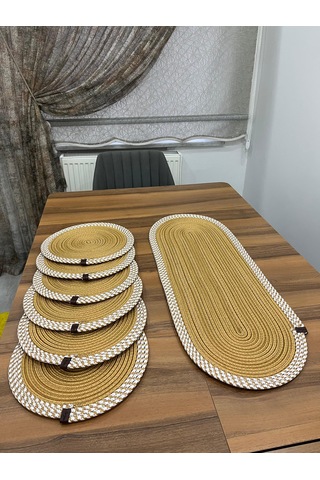 Senza Atelier 7 Parça Jüt Amerikan Servis Seti - Beyaz Bordürlü Runner Ve 6 Adet Supla Takımı Gold