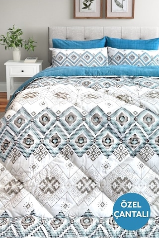 Lux Uyku Seti-tek Kişilik-lastikli Çarşaflı 2yastık Kılıflı-özel Çantada Bohemian Petrol