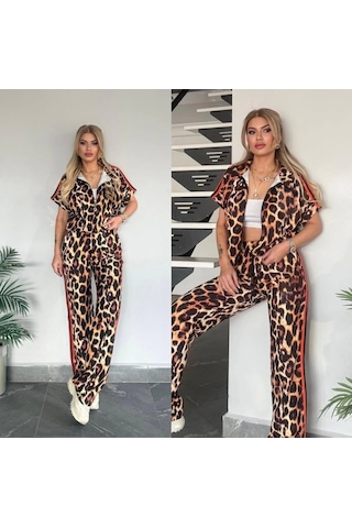 Defymoda Kadın Dalgıç Kumaş Dijital Leopar Baskılı Şerit Detaylı Takım Leopar