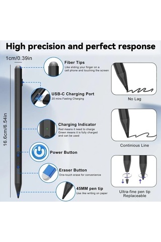 Fastbuy Silver Usı 2.0 Chromebook Stylus, 4096 Basınç Duyarlı, Usb C Hızlı Şarj, Palm Rejection, Lenovo Hp Asus Acer Uyumlu