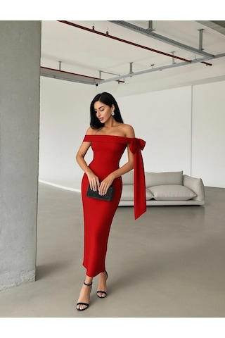 Valensdesign Kadın Omuz Dekolte Kurdele Detay Uzun Krep Elbise Kırmızı