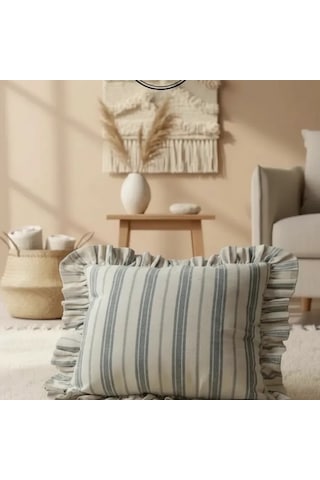Premium Keten Gri Kalın Çizgili Fırfırlı Kırlent 2 Adet Kırlent Kılıfı 43 X 43
