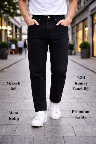 Cedy Denim Dar Paça Erkek Yüksek Bel Kot Pantolon - Salaş Mom Jean C333 Siyah