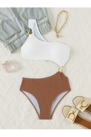 Yaz Patlamasımmodelleri Yüksek Bel İnce Tek Omuz Tek Tek Parça Mayo Metal Halka Degoratifi Darbe Renk Diişbikini Akımım Elbise Kadını Plaj Taatil Geçmezi Beyaz - Kahverengi