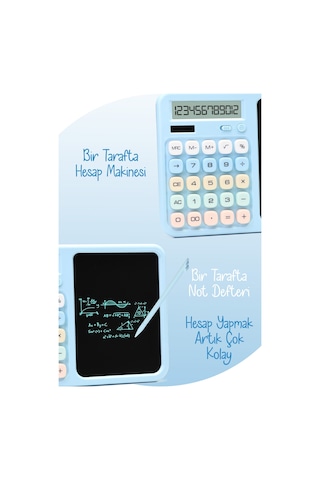 Lcd Ekran Yazı Tahtalı Hesap Makinesi 12 Haneli Tabletli Hesap Makinesi Pastel Mavi