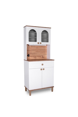 Modilay Bohem Membran Kahve Köşesi Ve Çok Amaçlı Dolap - Camlı Vitrinli Mutfak Konsolu - 80 Cm Beyaz - Ceviz