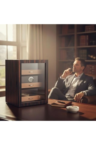 Cigarspa Elektronik Nemlendiricili Camlı 3 Çekmeceli Puro Kutusu Humidor Abanoz