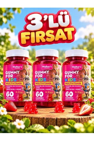 Kids Multivitamin Gummy 3lü Paket Sitikolin Lutein Çinko C Vitamini, Bağışıklık, Göz,odaklanma , Boy Uzaması