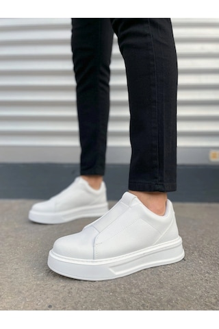 Mevese Torino Erkek Bağcıksız Cilt Günlük Sneaker Ayakkabı Ortopedik Kalın Taban Beyaz