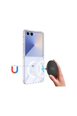 Samsung Galaxy Z Flip 7 Uyumlu Kılıf Clear Şeffaf Magsafe Manyetik Wireless Şarj Destekli Silikon Şeffaf