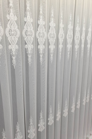 Trend Zemin Ttm Damask Isleme Salon Tül Perdesi Kırışmaz Ütü Istemez 1e 3kat Pileli Tül Beyaz
