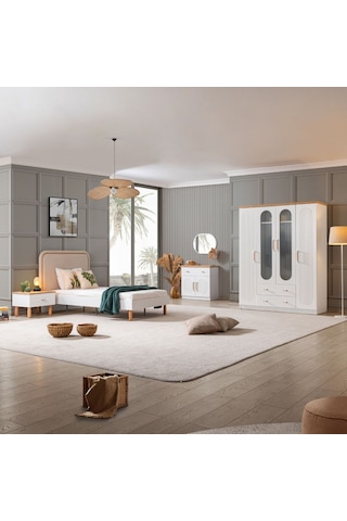 Vita Bohem Genç Odası - 4 Kapaklı Dolap, Karyola, Komodin, Şifonyer Beyaz
