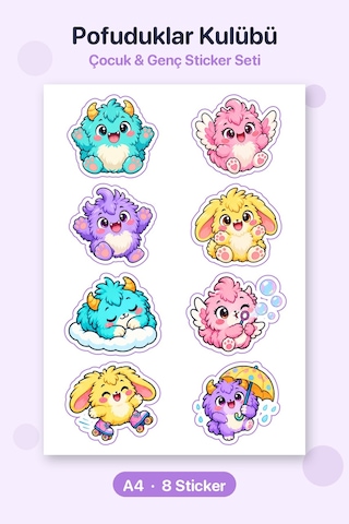 Pofuduklar Kulübü 8 Adet Sticker Çıkartma Seti A4 Defter Ve Laptop İçin Çok Renkli