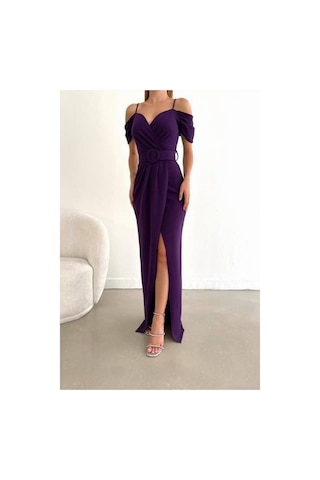 Lior Design Kadın Trend Krep Kumaş V Yaka Yırtmaçlı Abiye Elbise Mor