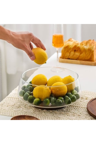 Qerhome Borosilikat Cam Lüks Akasya Kapaklı Ve Akasya Ayaklı Cam Kase - Sunumluk-salata Kasesi 20 Cm Düz Şeffaf