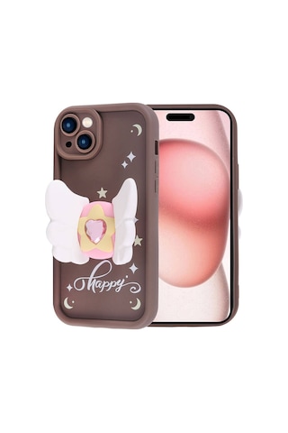 Apple Uyumlu iPhone 15 Kanatlı Kelebek Figürlü Standlı Kadın Telefon Kılıfı Kapak