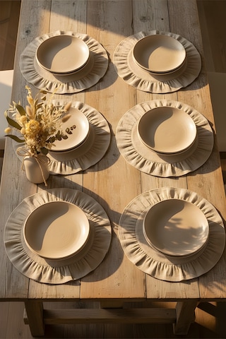 Pamuklu Fırfırlı Supla 6'lı Set Amerikan Servis 33 Cm Çap Supla 6'lı Bej