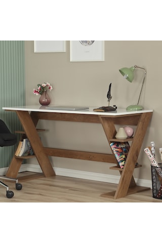 Pasific Home Lungo Raflı Çalışma Masası, Ofis Masası, 60X140 Cm, Koyu Meşe&Beyaz