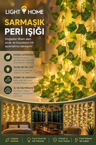 Yapay Sarmaşık Led Işık Dekoratif Işıklı Sarmaşık Led Oda Duvar Yatak Odası Parti Yılbaşı Dekoru 3 Metre 30 Led Sarı