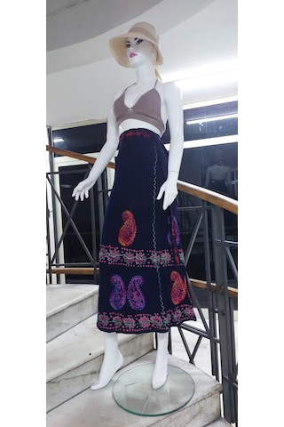 Bohem Stil Hint Batik Çiçek Desenli Ve İşlemeli Uzun Hint Anvelop Etek Lacivert