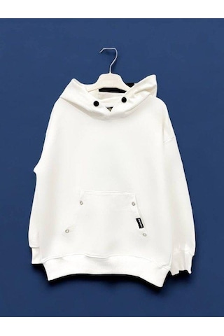 Zekids Çocuk Çıtçıt Detaylı Kapüşonlu Pamuklu Sweatshirt-14837 Ekru