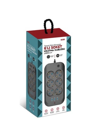 Termal Akım Korumalı, Çocuk Korumalı, 6 Lı 2 Mt Uzatma Kablosu 6 X Priz, 3 X Usb 1