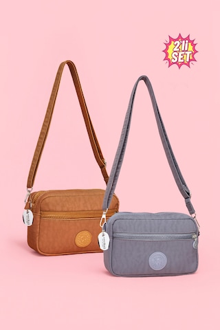 Westbag Kadın Çapraz Askılı Üç Gözlü Fermuarlı Krinkıl Günlük Omuz Çantası 2'li Set Gri - Taba