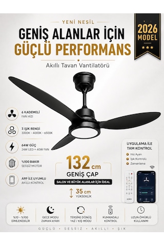 132 Cm Akıllı Tavan Vantilatörü Kumandalı & App Kontrollü 6 Kademeli Sessiz Led Tavan Fanı 3 Işık Modlu Yaz/kış Modu