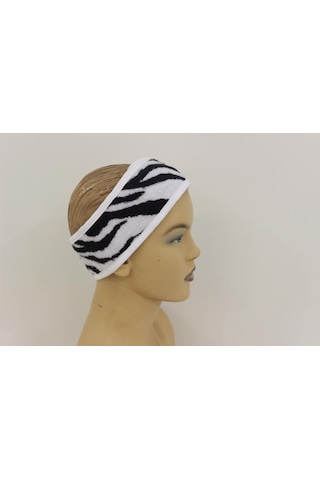 Baskılı Havlu Saç Bandı Makyaj Bandı Sporcu Saç Bandı Ter Bandı Zebra Baskılı- Beyaz Biyeli
