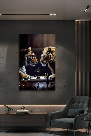 Modern Satranç Ustaları Kaplan Vs Aslan Dekoratif Cam Tablo Hayvan Figürlü Dekoratif Duvar Tablosu, Salon, Ofis Ve Çalışma Alanı Dekoru,