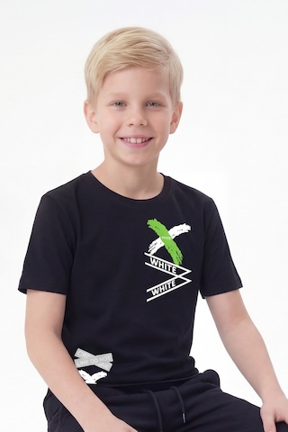 Panios Kids White Yazı Baskılı Yuvarlak Yaka Kısa Kollu Erkek Çocuk Yazlık Tişört Siyah