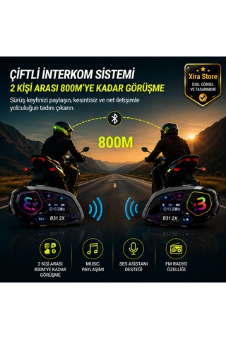 B31 2x Bluetooth 6.0 Çiftli Motosiklet İnterkom Kask Kulaklığı 500 Metre Haberleşme Lcd Ekran Rgb Fm Radyo Ip65