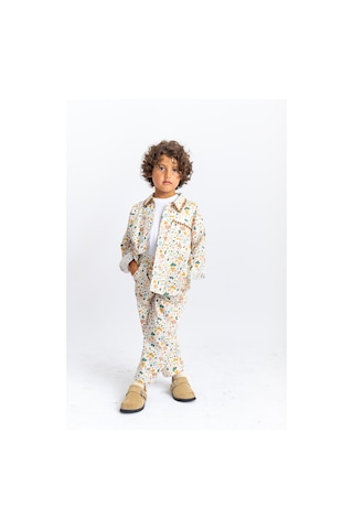 Oliventhekid Unisex Yaka Ve Cep Nakışlı Poplin Takım Ekru Ekru