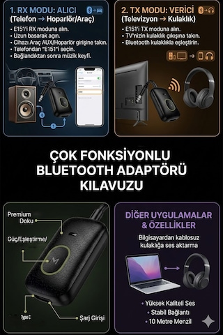 Exenar - Siyah - Aux Bluetooth Ses Adaptörü İki Yönlü Rx/tx Alıcı Verici Araç Tv Televizyon Pc Bilgisayar 3.5mm Jack